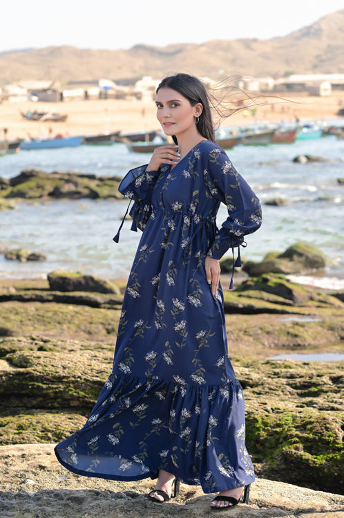 Picture of Ellena - Floral Print Georgette Dress - Available at Raja Sahib