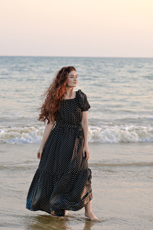 Picture of Ellena - Elegant Polka Dot V-neck Dress - Available at Raja Sahib