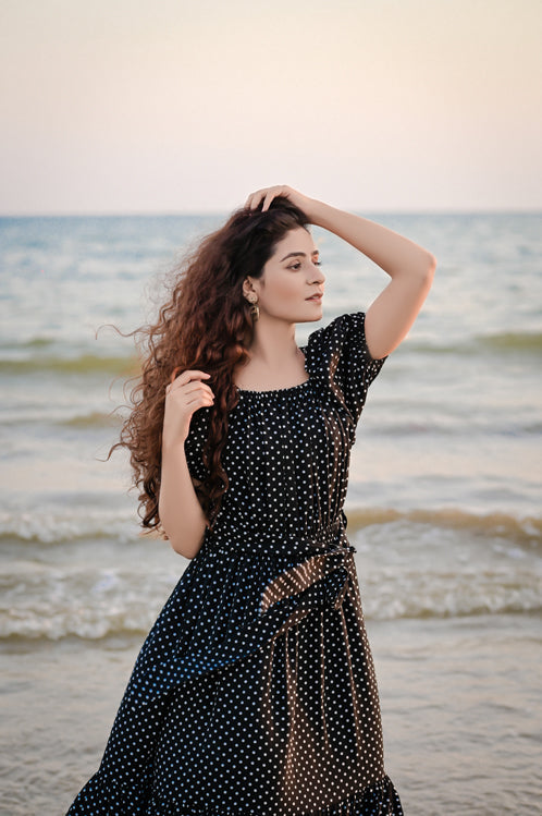Picture of Ellena - Elegant Polka Dot V-neck Dress - Available at Raja Sahib