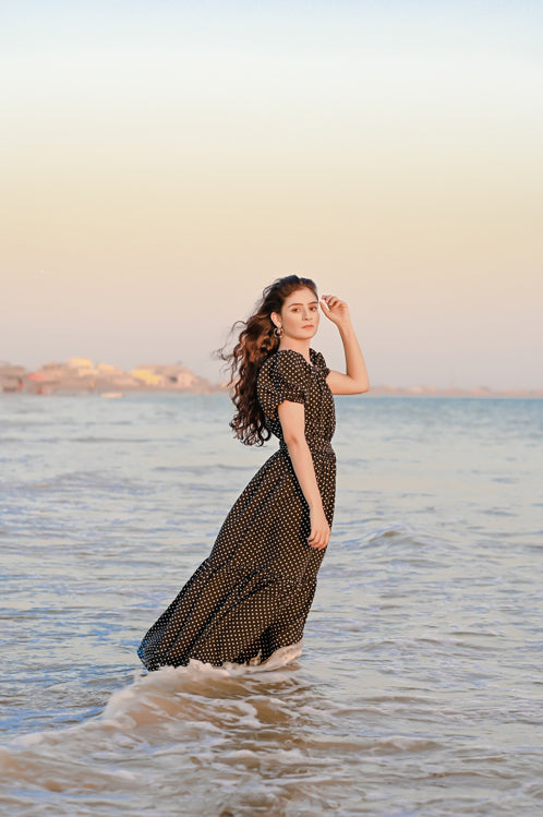 Picture of Ellena - Elegant Polka Dot V-neck Dress - Available at Raja Sahib