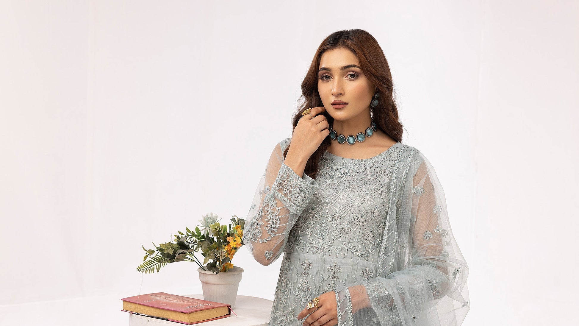 Picture of Ellena - Embroidered Net Maxi Dress - Available at Raja Sahib