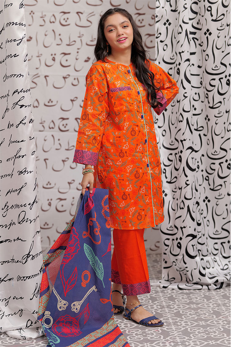 Picture of Senorita - GAD-02239 | Orange & Multicolor | Casual 3 Piece Suit | Cotton Cambric Printed - Available at Raja Sahib