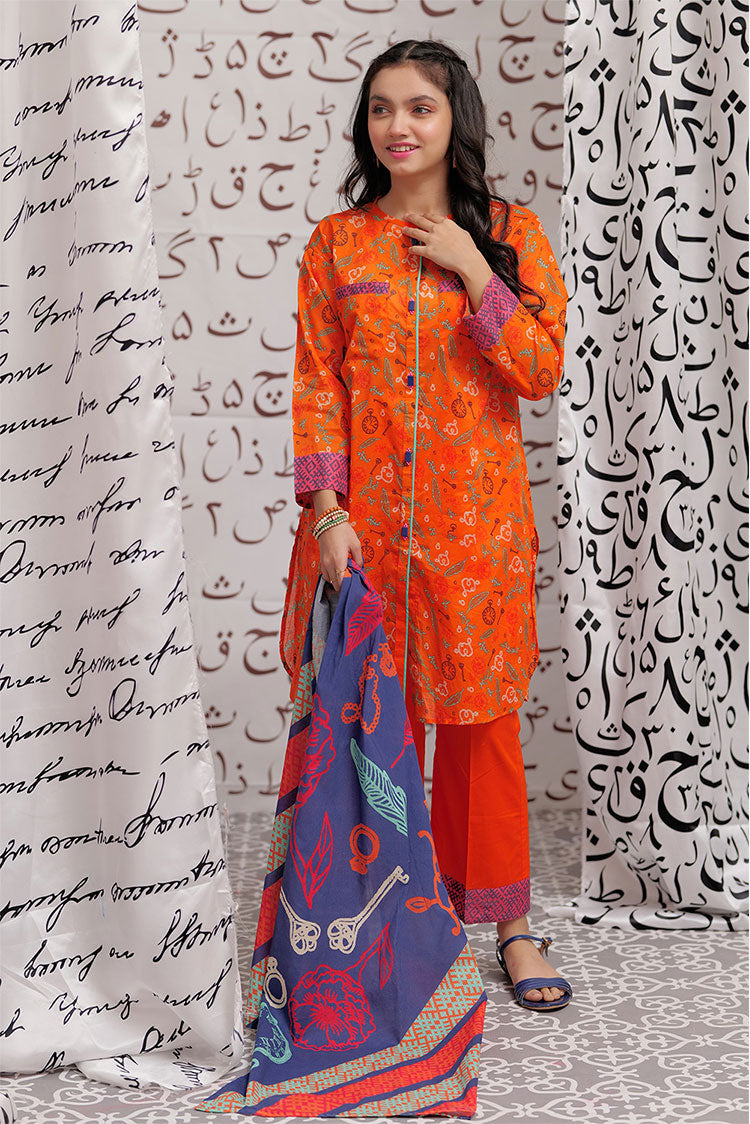 Picture of Senorita - GAD-02239 | Orange & Multicolor | Casual 3 Piece Suit | Cotton Cambric Printed - Available at Raja Sahib