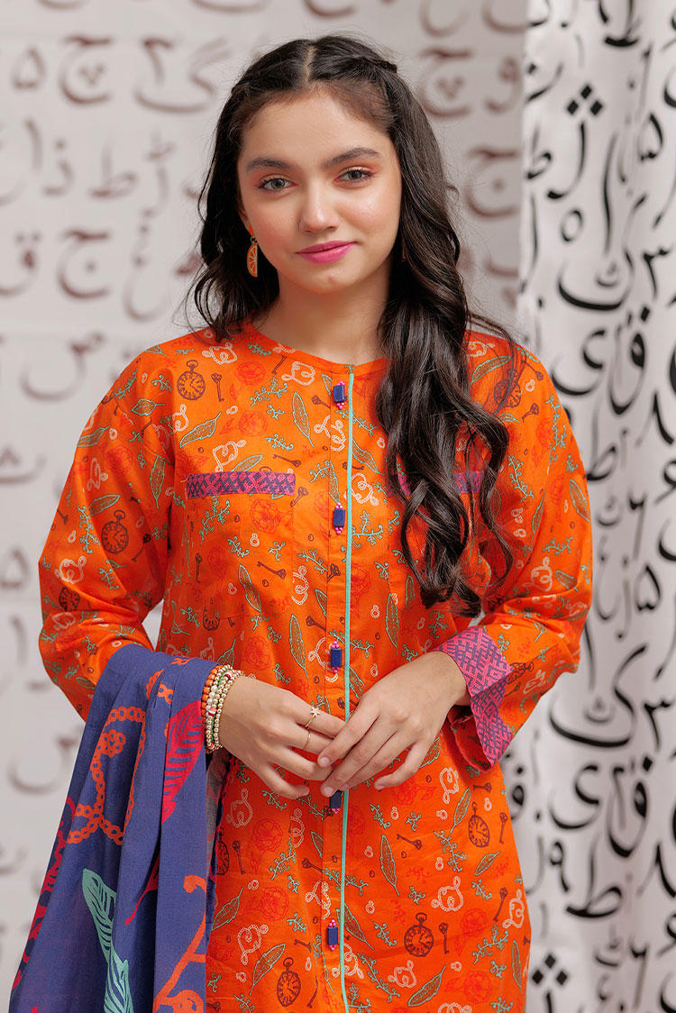 Picture of Senorita - GAD-02239 | Orange & Multicolor | Casual 3 Piece Suit | Cotton Cambric Printed - Available at Raja Sahib