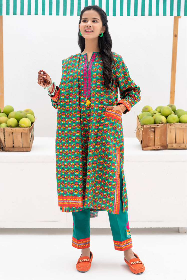 Picture of Senorita - GAD-02367 | Tarquise Green & Multicolor | Casual 3 Piece Suit | Cotton Khaddar Printed - Available at Raja Sahib