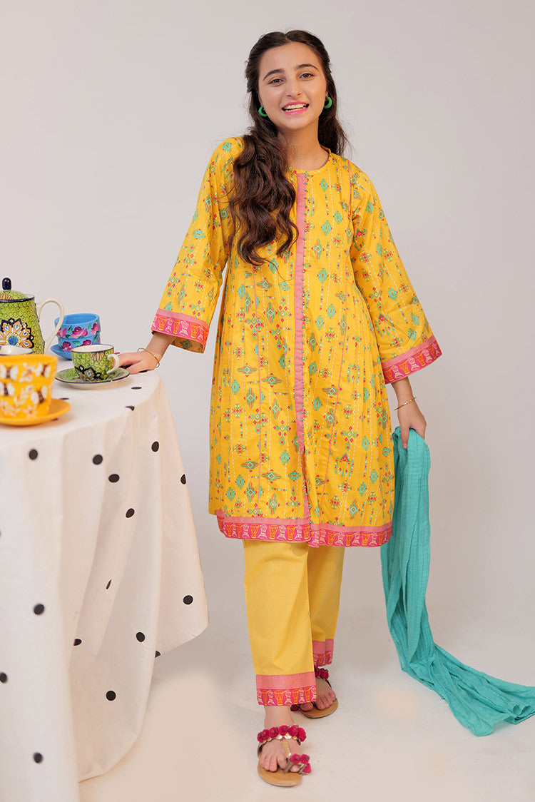 Picture of Senorita - GAD-02517 | Yellow & Multicolor | Casual 3 Piece Suit   | Cotton Cambric - Available at Raja Sahib