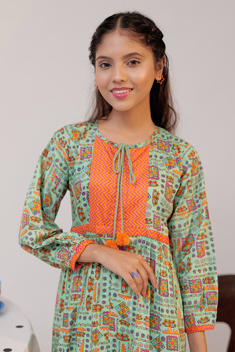 Picture of Senorita - GAD-02518 | Turquoise Green & Multicolor | Casual 3 Piece Suit | Cotton Cambric - Available at Raja Sahib