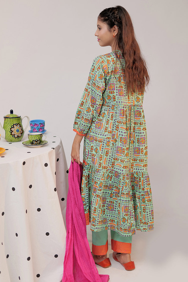 Picture of Senorita - GAD-02518 | Turquoise Green & Multicolor | Casual 3 Piece Suit | Cotton Cambric - Available at Raja Sahib