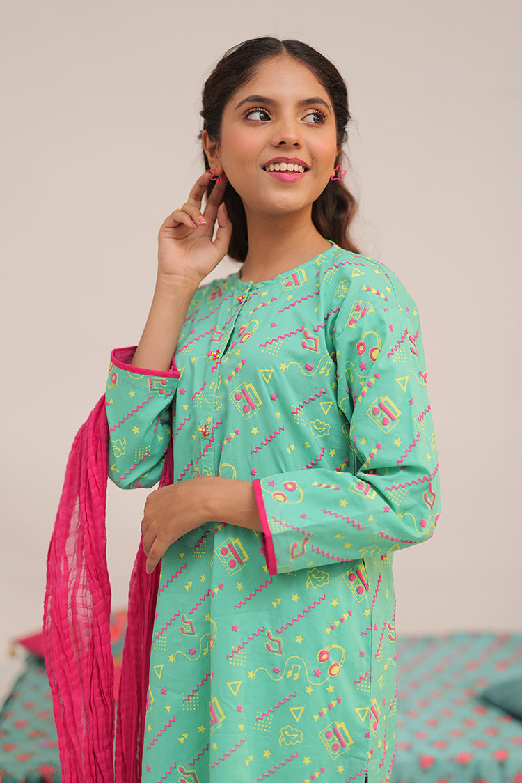 Picture of Senorita - GAD-02546 | Sea Green & Multicolor | Casual 3 Piece Suit | Cotton Cambric - Available at Raja Sahib