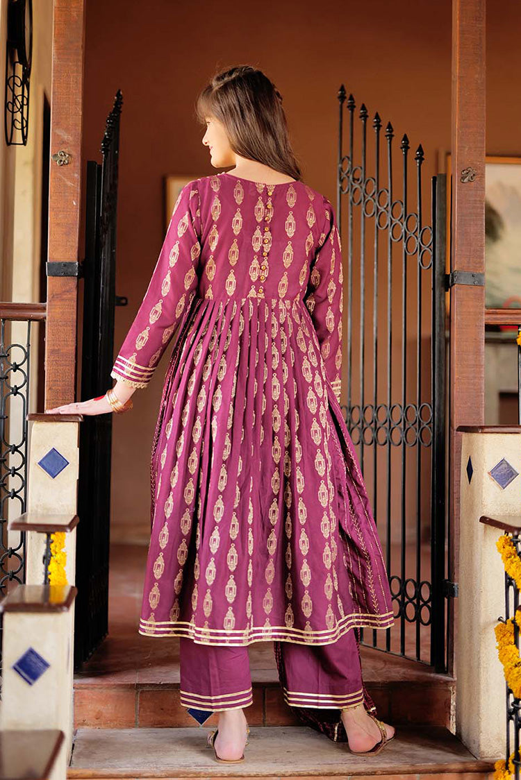 Picture of Senorita - GBD-02263 | Magenta & Gold | Casual 3 Piece Suit  | Cotton Jacquard - Available at Raja Sahib