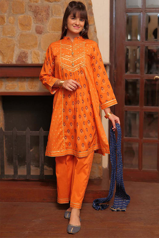 Picture of Senorita - GBD-02264 | Orange & Golden | Casual 3 Piece Suit  | Cotton Jacquard Meena - Available at Raja Sahib