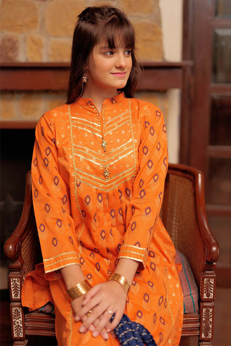 Picture of Senorita - GBD-02264 | Orange & Golden | Casual 3 Piece Suit  | Cotton Jacquard Meena - Available at Raja Sahib