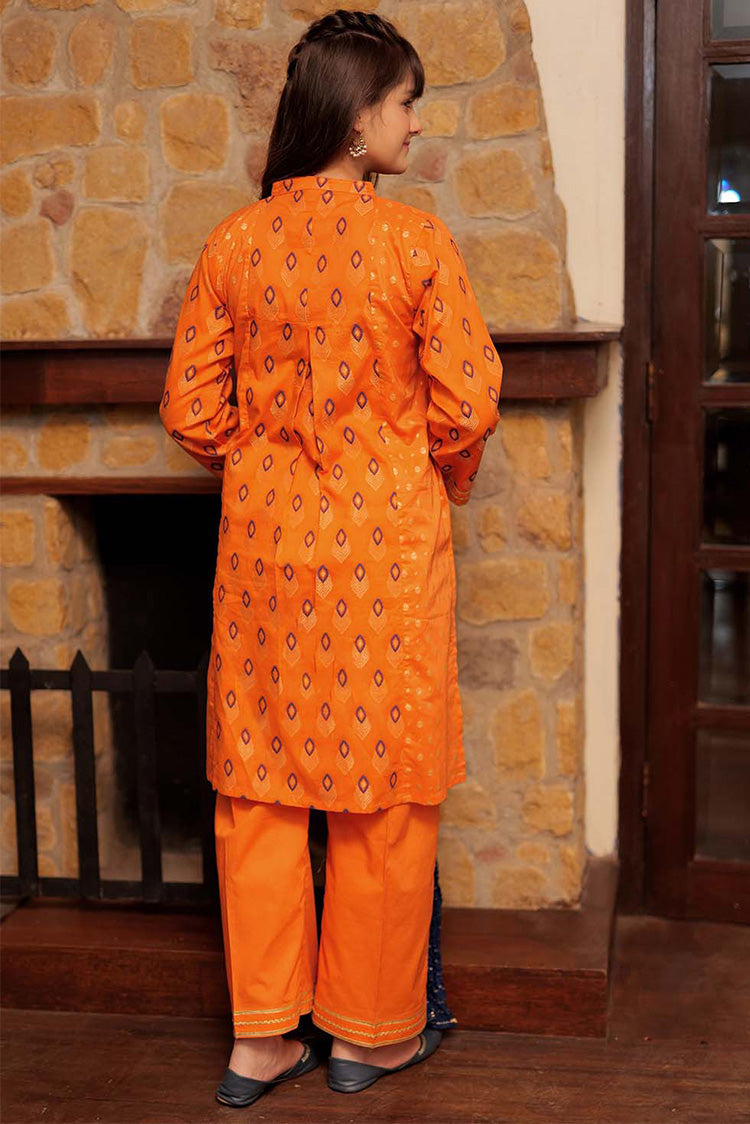 Picture of Senorita - GBD-02264 | Orange & Golden | Casual 3 Piece Suit  | Cotton Jacquard Meena - Available at Raja Sahib