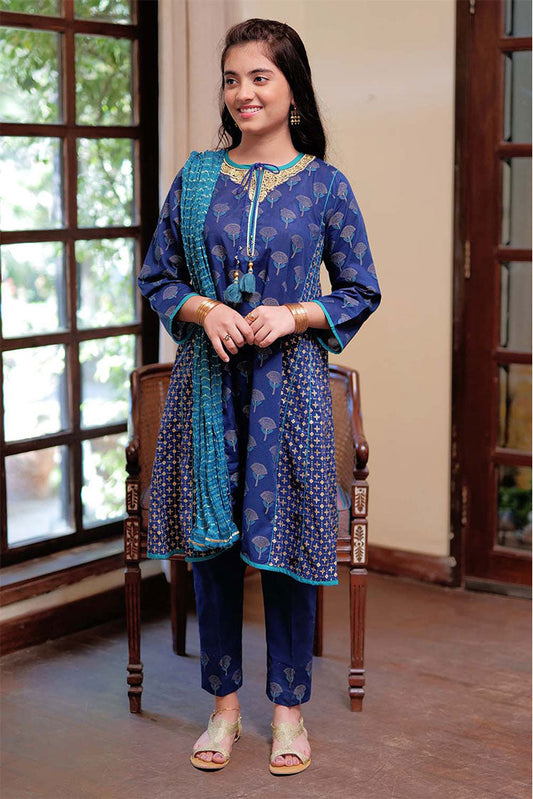 Picture of Senorita - GBD-02296 | Blue & Multicolor | Casual 3 Piece Suit  | Cotton Jacquard Meena - Available at Raja Sahib