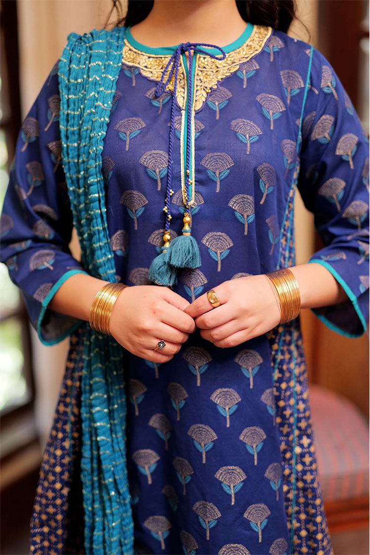 Picture of Senorita - GBD-02296 | Blue & Multicolor | Casual 3 Piece Suit  | Cotton Jacquard Meena - Available at Raja Sahib