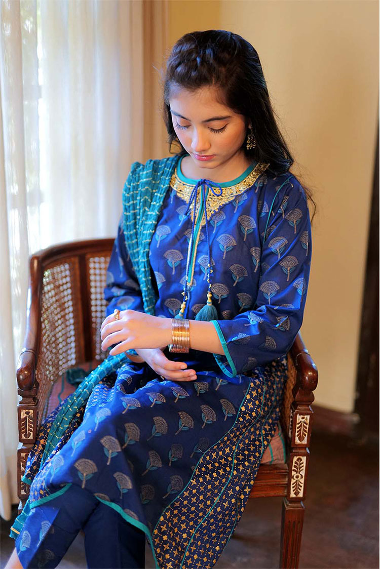 Picture of Senorita - GBD-02296 | Blue & Multicolor | Casual 3 Piece Suit  | Cotton Jacquard Meena - Available at Raja Sahib