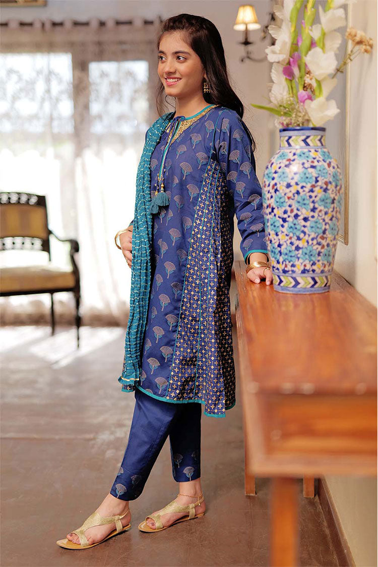 Picture of Senorita - GBD-02296 | Blue & Multicolor | Casual 3 Piece Suit  | Cotton Jacquard Meena - Available at Raja Sahib
