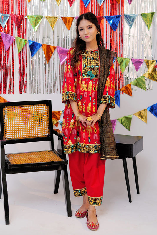 Picture of Senorita - GBD-02530 | Red & Gold | Casual Plus 3 Piece Suit  | Cotton Gold Print Lawn - Available at Raja Sahib
