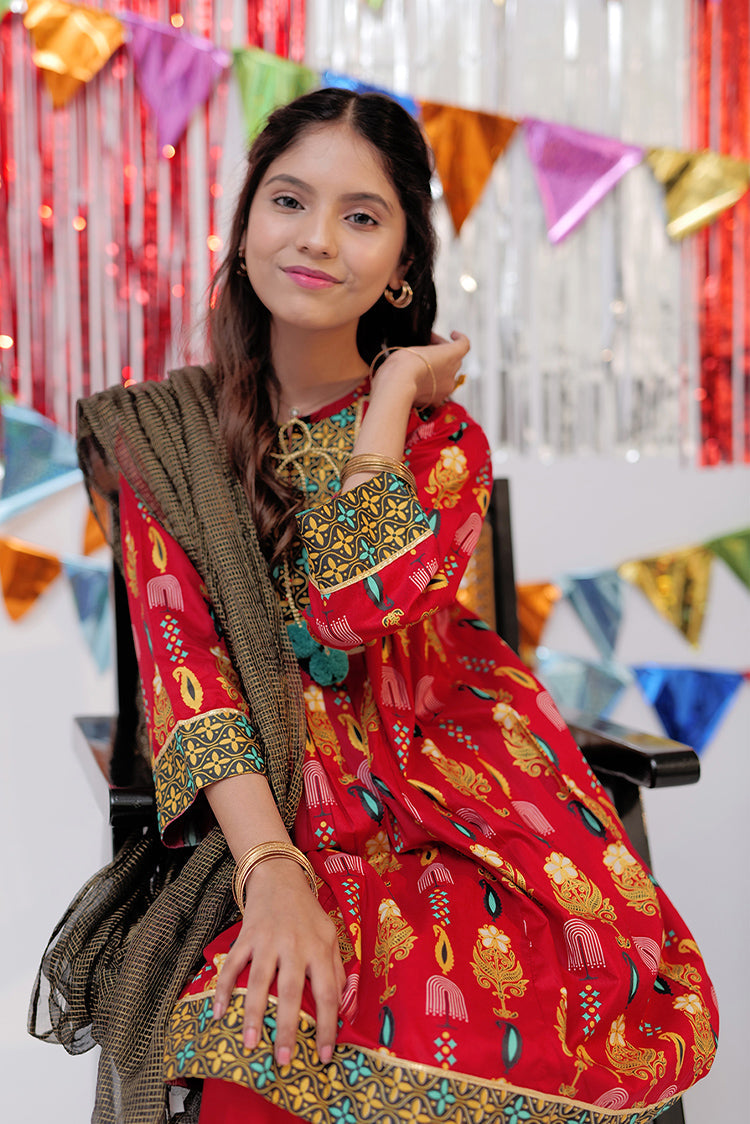 Picture of Senorita - GBD-02530 | Red & Gold | Casual Plus 3 Piece Suit  | Cotton Gold Print Lawn - Available at Raja Sahib