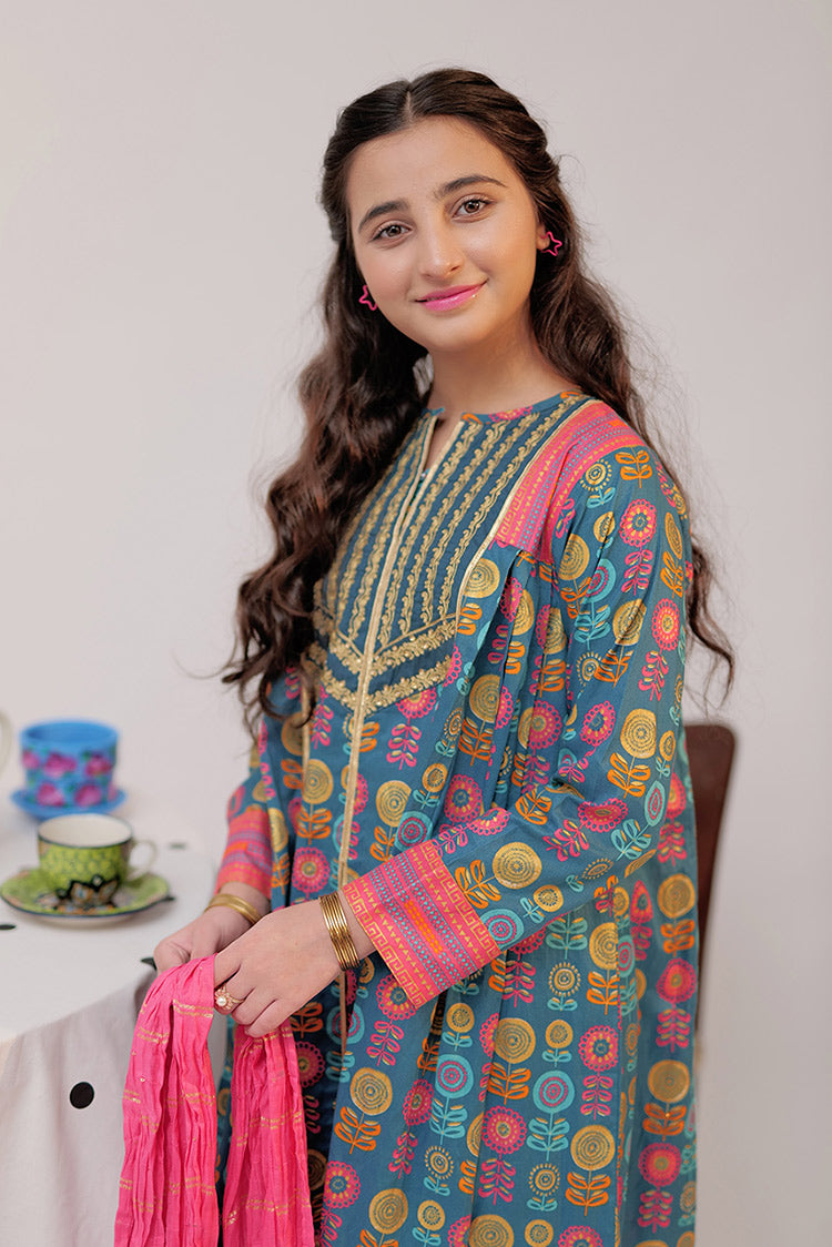 Picture of Senorita - GBD-02558 | Turquoise blue & Multicolor | Casual Plus 3 Piece Suit  | Cotton Gold Print Lawn - Available at Raja Sahib