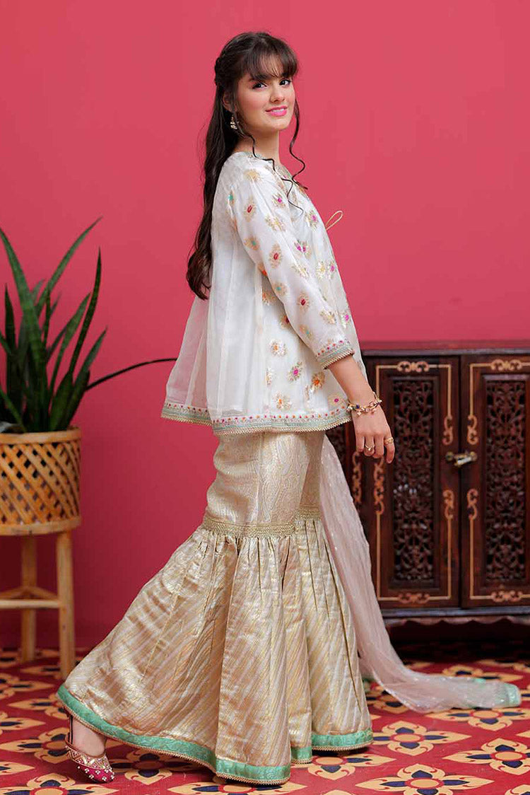 Picture of Senorita - GDD-02101 | White & Multicolor | Formal 3 Piece Suit | Banarsi Organza jacquard - Available at Raja Sahib