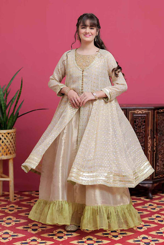 Picture of Senorita - GDD-02102 | Fawn & Golden Silver | Formal 3 Piece Suit | Banarsi Masuri Jacquard - Available at Raja Sahib