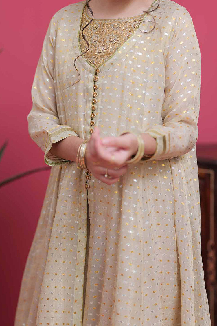 Picture of Senorita - GDD-02102 | Fawn & Golden Silver | Formal 3 Piece Suit | Banarsi Masuri Jacquard - Available at Raja Sahib