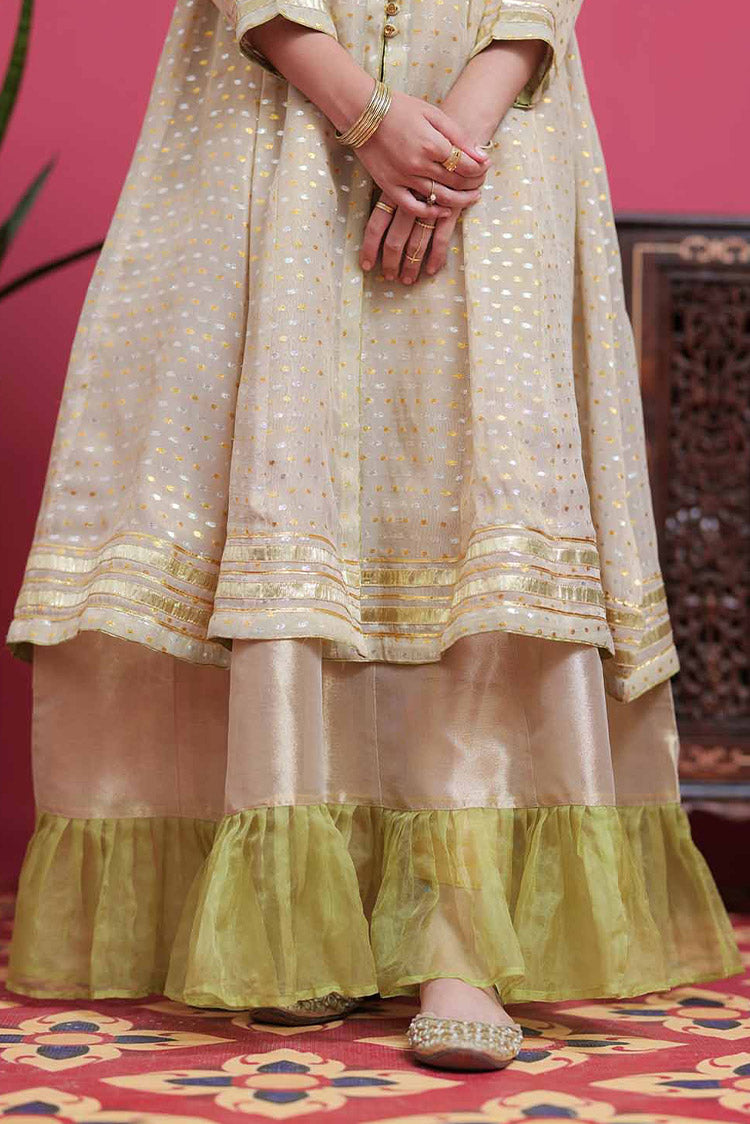 Picture of Senorita - GDD-02102 | Fawn & Golden Silver | Formal 3 Piece Suit | Banarsi Masuri Jacquard - Available at Raja Sahib