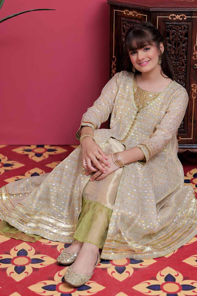 Picture of Senorita - GDD-02102 | Fawn & Golden Silver | Formal 3 Piece Suit | Banarsi Masuri Jacquard - Available at Raja Sahib