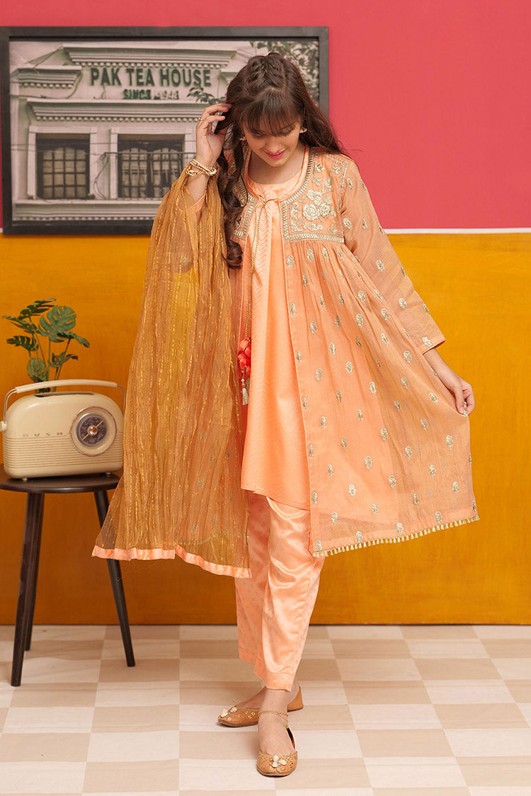 Picture of Senorita - GDD-02311 | Peach & Golden | Formal 3 Piece Suit | Banarsi Masuri Fabric - Available at Raja Sahib