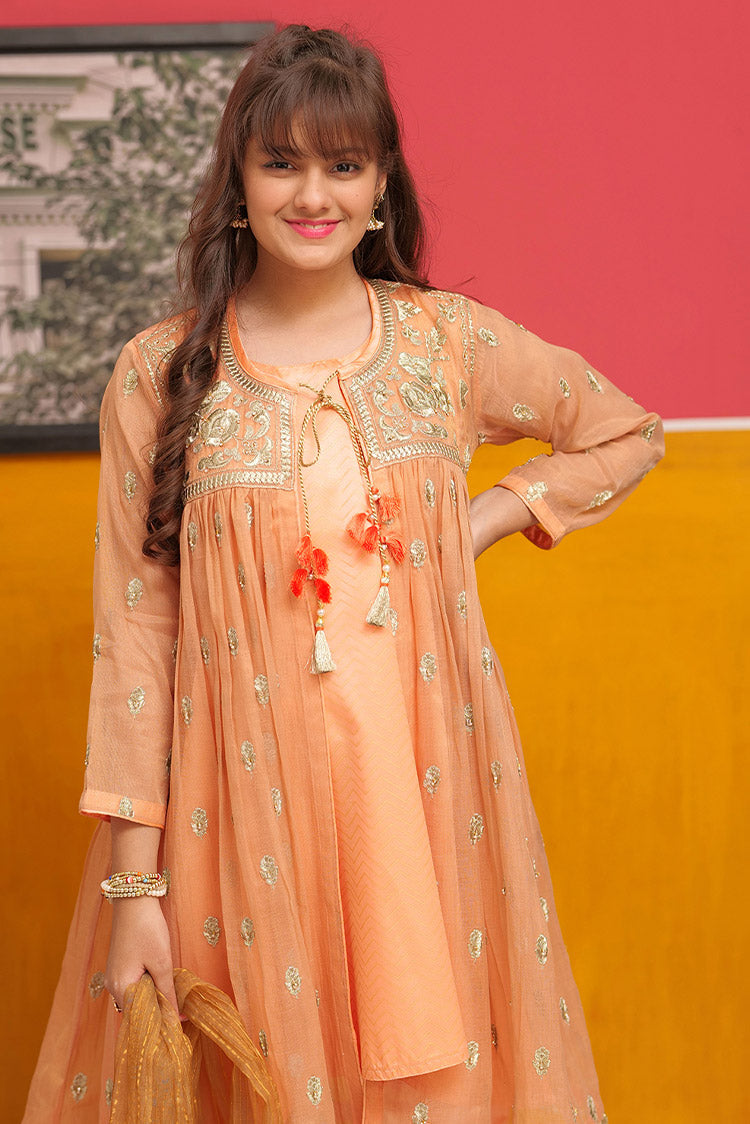 Picture of Senorita - GDD-02311 | Peach & Golden | Formal 3 Piece Suit | Banarsi Masuri Fabric - Available at Raja Sahib