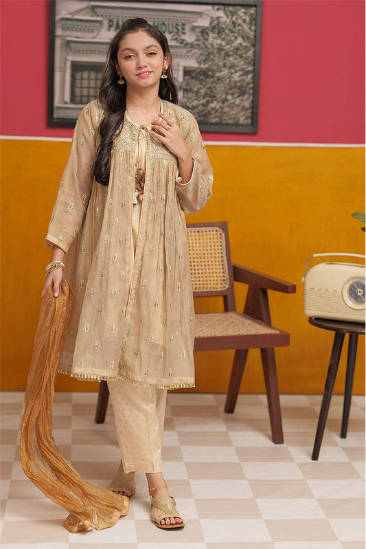 Picture of Senorita - GDD-02312 | Fawn & Golden | Formal 3 Piece Suit | Banarsi Masuri Fabric - Available at Raja Sahib