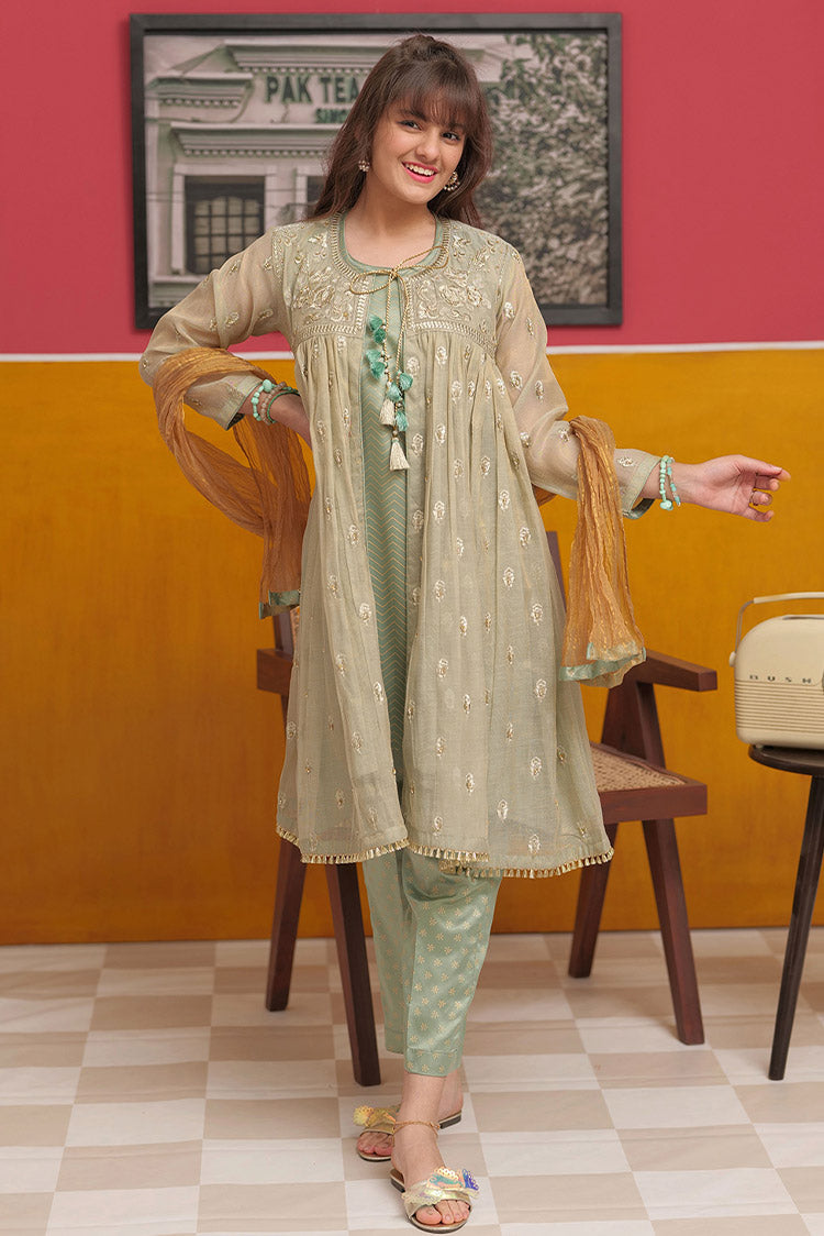 Picture of Senorita - GDD-02313 | Green & Golden | Casual 3 Piece Suit  | Banarsi Masuri Fabric - Available at Raja Sahib