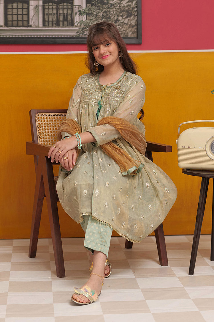 Picture of Senorita - GDD-02313 | Green & Golden | Casual 3 Piece Suit  | Banarsi Masuri Fabric - Available at Raja Sahib