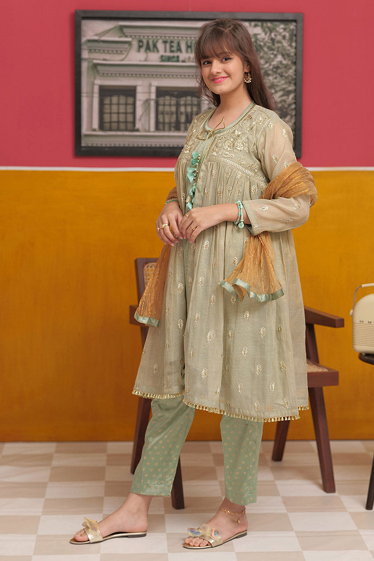 Picture of Senorita - GDD-02313 | Green & Golden | Casual 3 Piece Suit  | Banarsi Masuri Fabric - Available at Raja Sahib