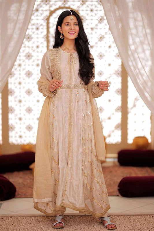 Picture of Senorita - GDD-02371 | Fawn & Multicolor | Formal  3 Piece Suit | Fancy Fabric Crinkle Multic Zari - Available at Raja Sahib