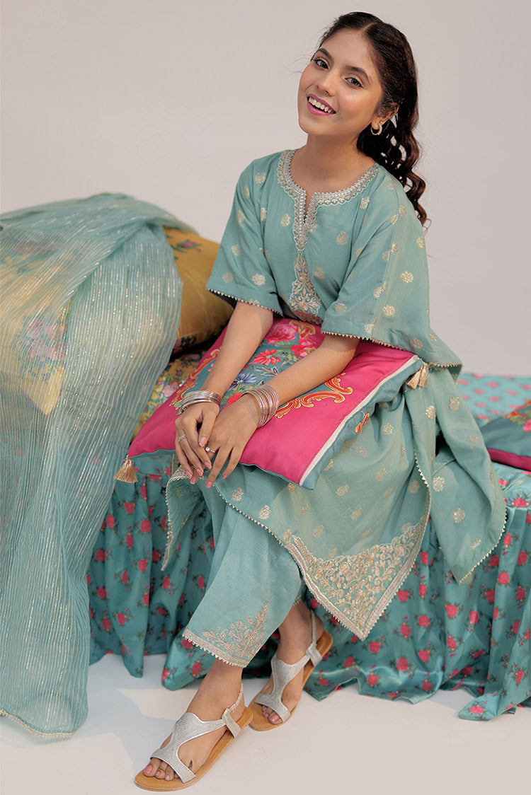 Picture of Senorita - GDD-02417 | Sea Green & Gold | Formal 3 Piece Suit | Polyester Chiffon - Available at Raja Sahib