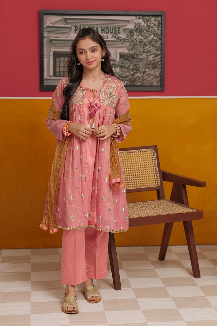 Picture of Senorita - GDD-02453 | Tea Pink & Gold | Formal 3 Piece Suit | Banarsi Masuri - Available at Raja Sahib