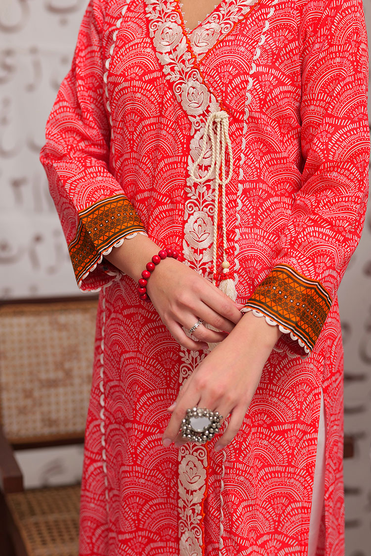 Picture of Senorita - LAA-02188 | Peach & White | Casual Kurta  | Cotton Lawn Print - Available at Raja Sahib