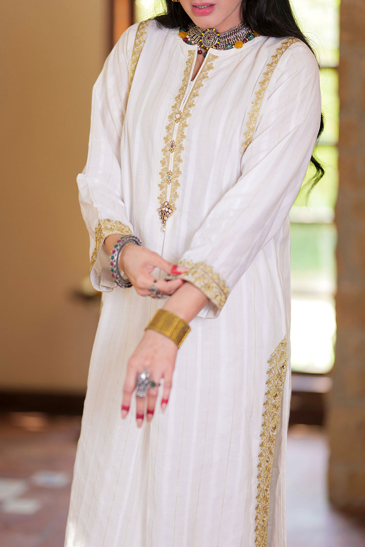 Picture of Senorita - LAA-02319 | White & Gold | Casual Kurta | Cotton Dobby - Available at Raja Sahib