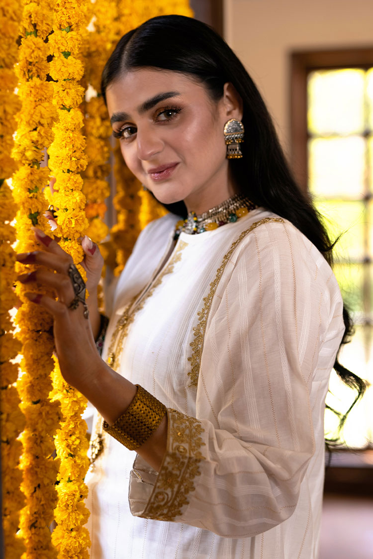 Picture of Senorita - LAA-02319 | White & Gold | Casual Kurta | Cotton Dobby - Available at Raja Sahib