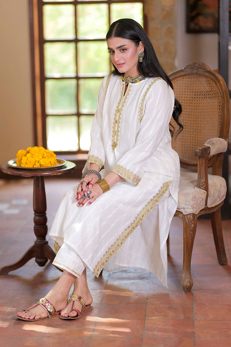 Picture of Senorita - LAA-02319 | White & Gold | Casual Kurta | Cotton Dobby - Available at Raja Sahib