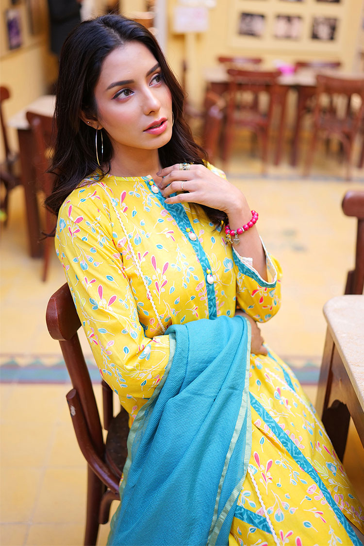 Picture of Senorita - LAB-02186 | Yellow & Multicolor | Casual 2 Piece Suit | Cotton Lawn Print - Available at Raja Sahib