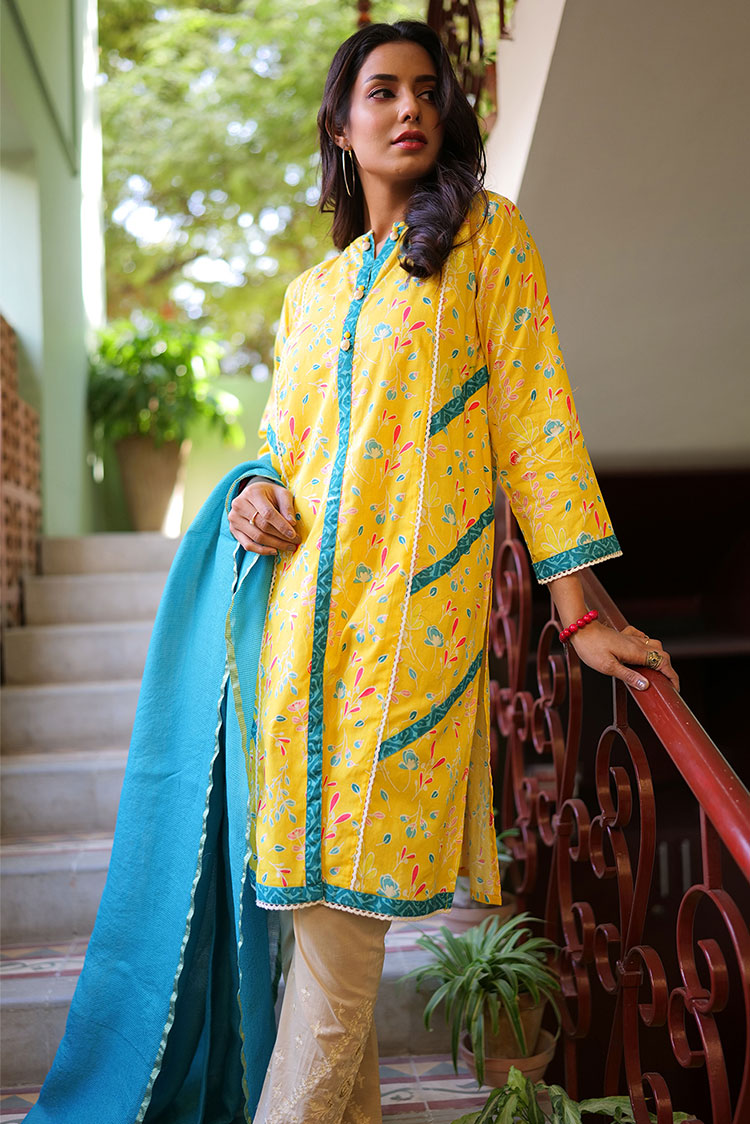 Picture of Senorita - LAB-02186 | Yellow & Multicolor | Casual 2 Piece Suit | Cotton Lawn Print - Available at Raja Sahib