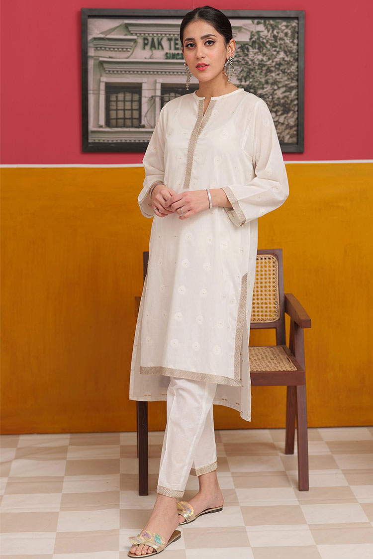Picture of Senorita - LAC-02227 | White & Gold | Casual 2 Piece Suit  | Cotton Jacquard - Available at Raja Sahib