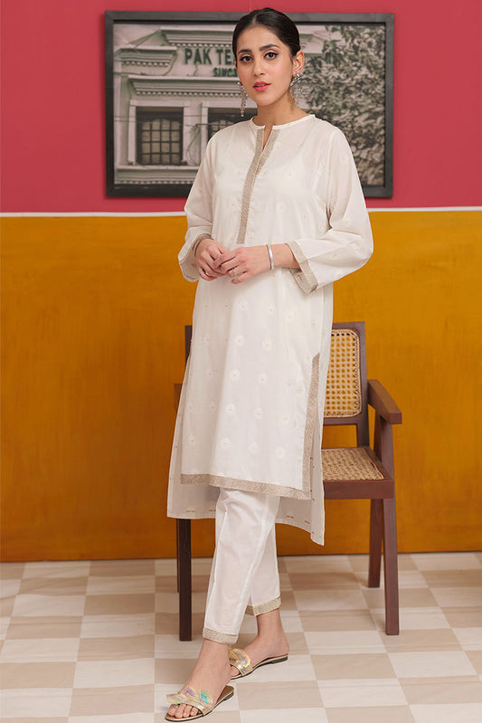 Picture of Senorita - LAC-02227 | White & Gold | Casual 2 Piece Suit  | Cotton Jacquard - Available at Raja Sahib