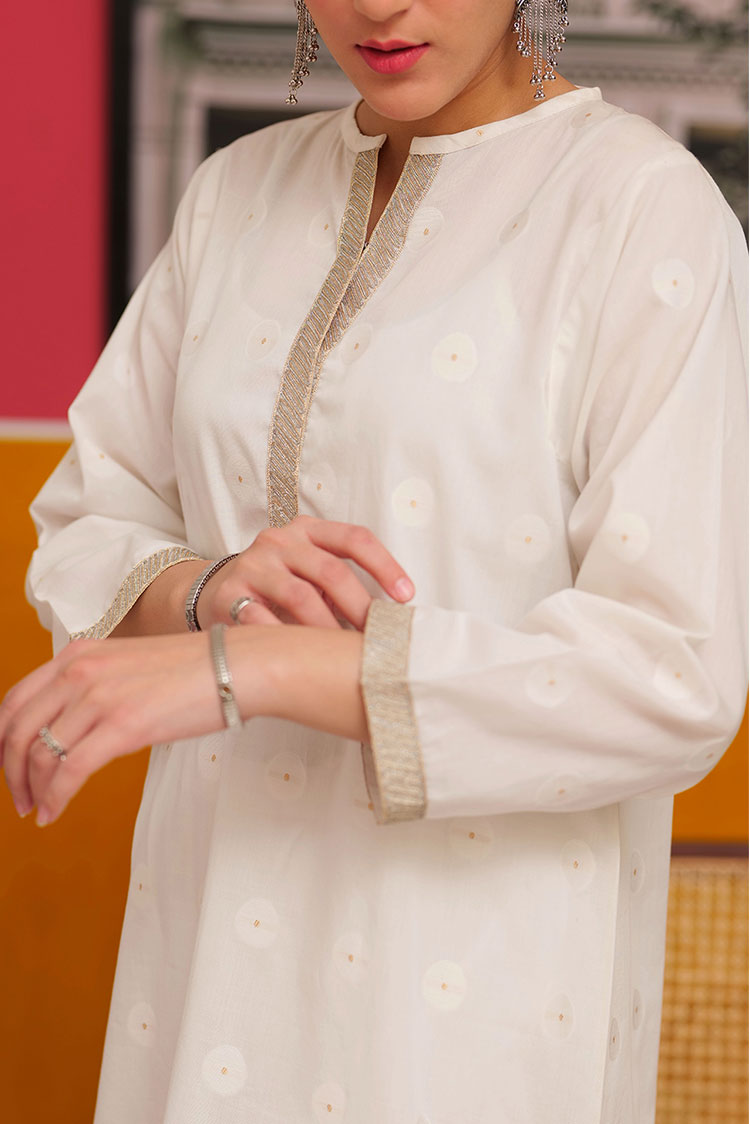 Picture of Senorita - LAC-02227 | White & Gold | Casual 2 Piece Suit  | Cotton Jacquard - Available at Raja Sahib