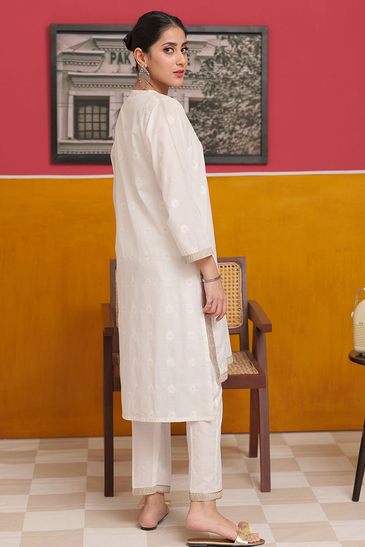 Picture of Senorita - LAC-02227 | White & Gold | Casual 2 Piece Suit  | Cotton Jacquard - Available at Raja Sahib