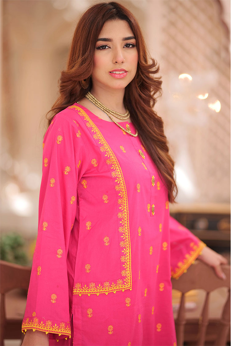 Picture of Senorita - LAD-02139 | Mustard & Multicolor | Casual 3 Piece Suit  | Cotton Plain Cambric - Available at Raja Sahib