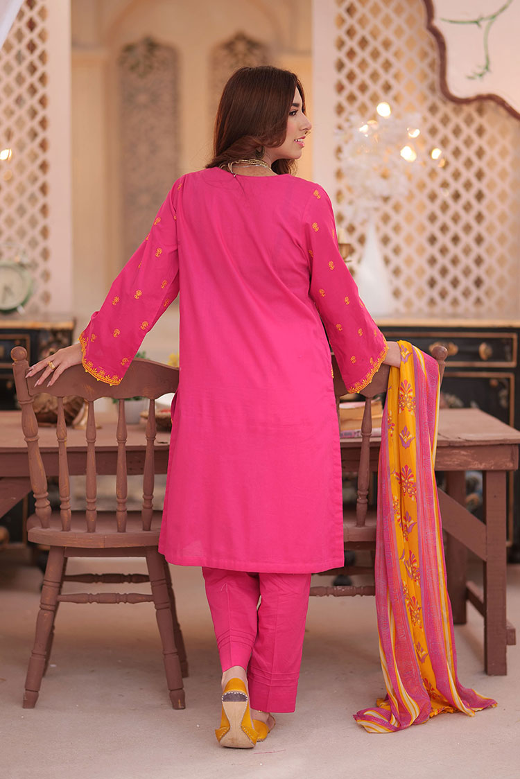 Picture of Senorita - LAD-02139 | Mustard & Multicolor | Casual 3 Piece Suit  | Cotton Plain Cambric - Available at Raja Sahib